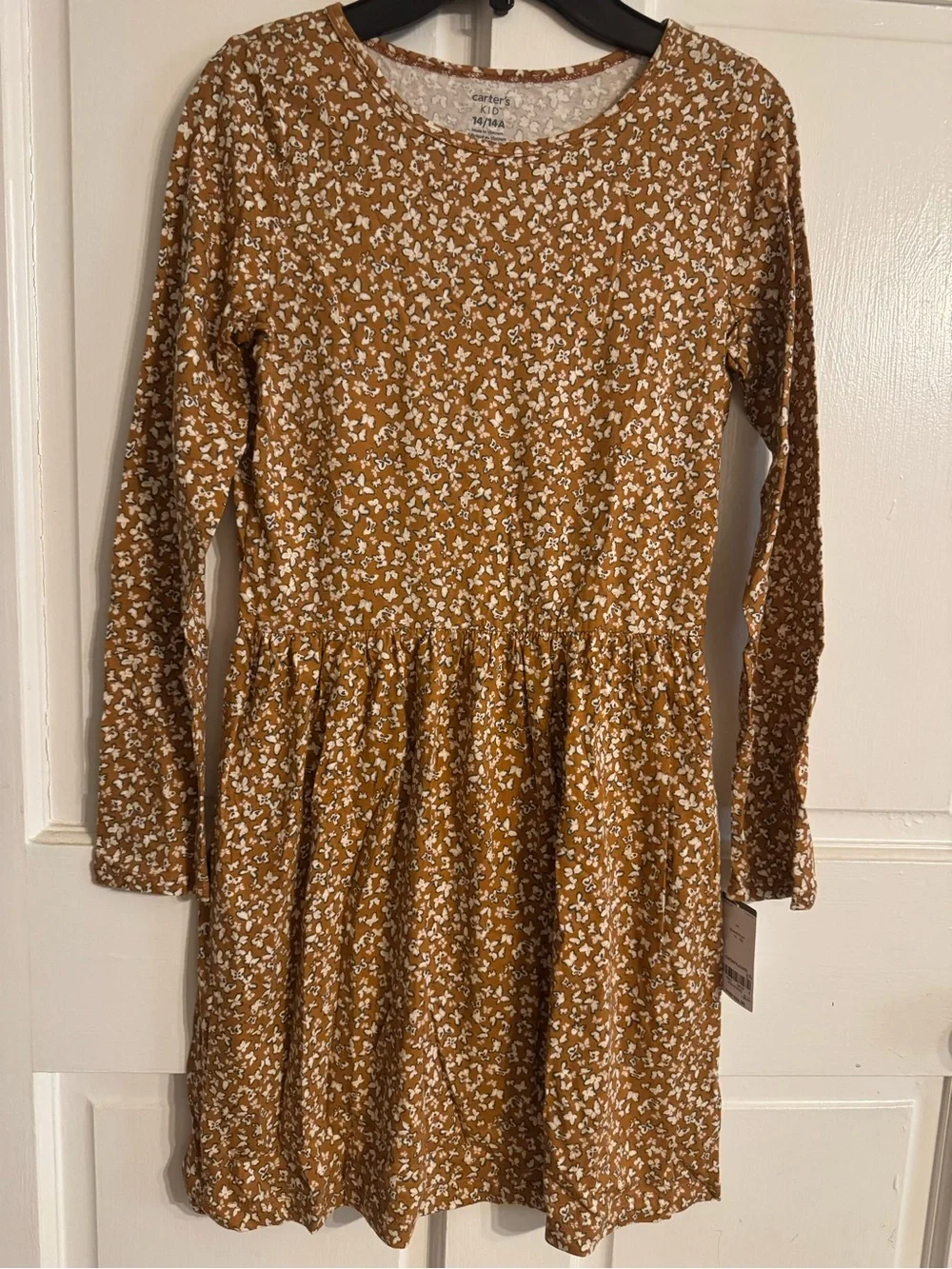 Carter's NWT Girls Cotton Brown Butterfly’s Long Sleeve Casual Dress Sz 14